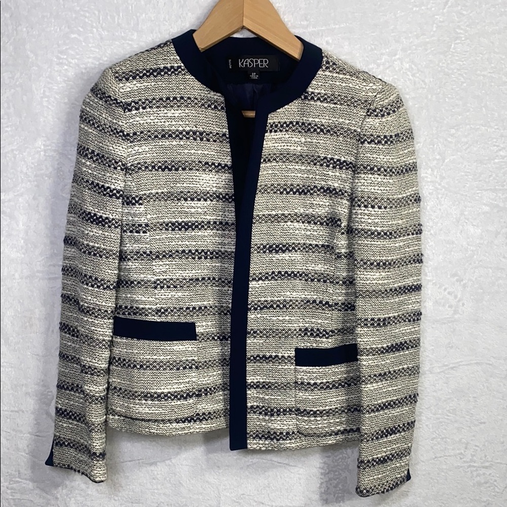 Kasper Black and White Striped Blazer with Modern Trim